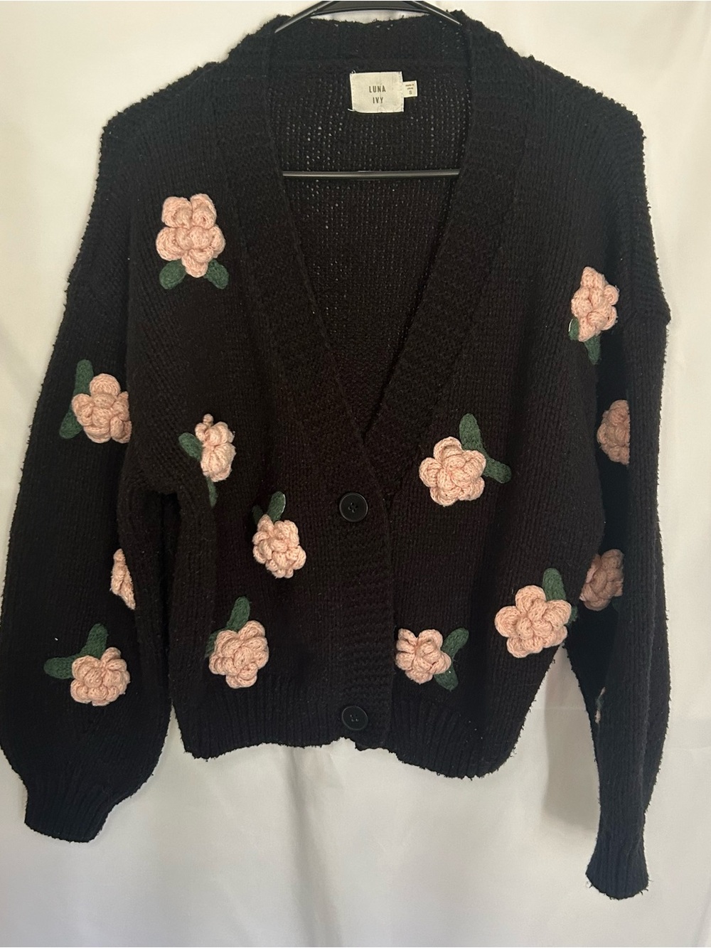 Luna Ivy Black Floral Crochet-Appliqué Cardigan Sweater